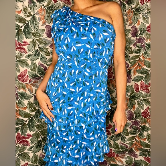 Bright Blue Floral Whistles One Shoulder Midi Dress - Picture 3 of 5